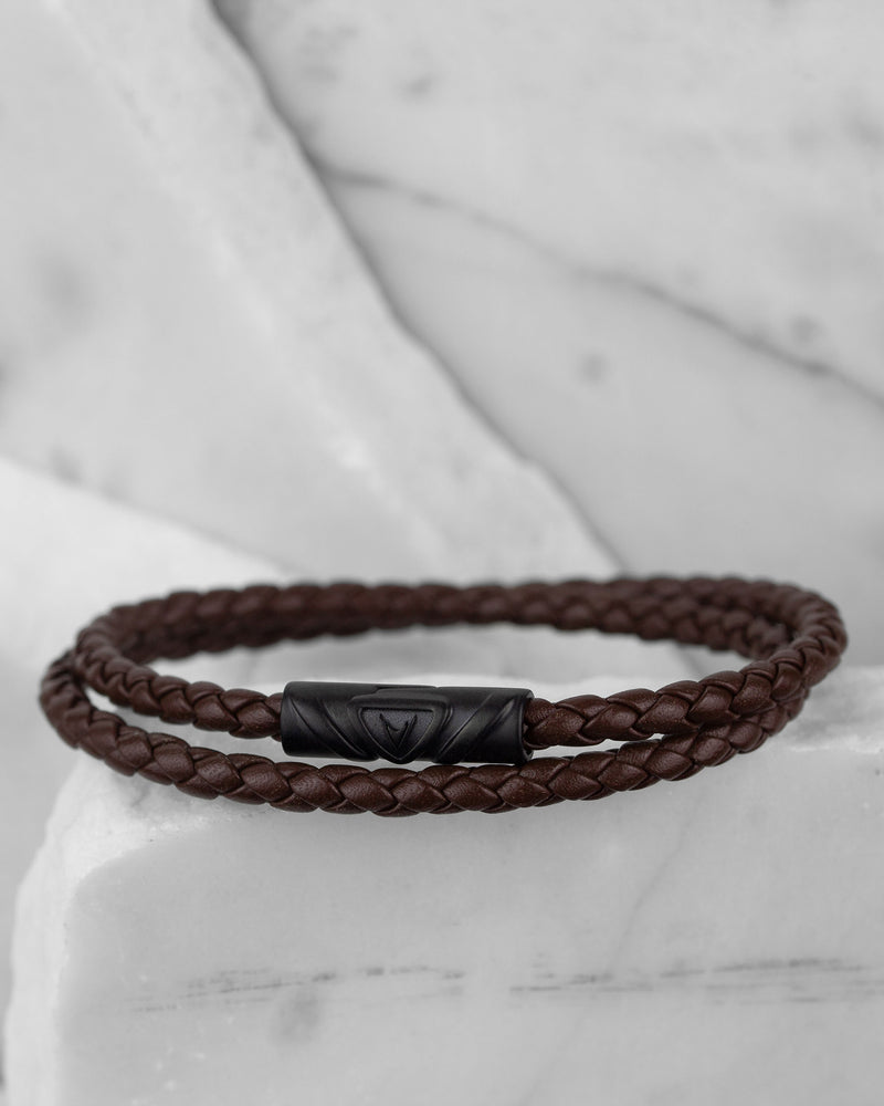 Men's Luxury Mocha Italian Leather Double Braided Bracelet Strap with a Matte Black Clasp