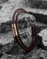 Men's Luxury Mocha Italian Leather Double Braided Bracelet Strap with a Rose Gold Clasp