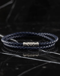Men's Luxury Blue Italian Leather Double Braided Bracelet Strap with a Silver Clasp