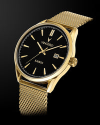 Kairos Gold 316L Stainless Steel Mesh Strap Black Watch Face Gold Case Clasp Gold Accents