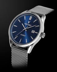 Kairos Silver 316L Stainless Steel Mesh Strap Blue Watch Face Silver Case Clasp Silver Accents