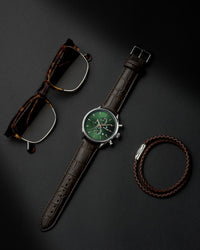 Chrono S Espresso Croc Italian Leather Strap Dark Olive Watch Face Silver Case Clasp Rose Gold Accents
