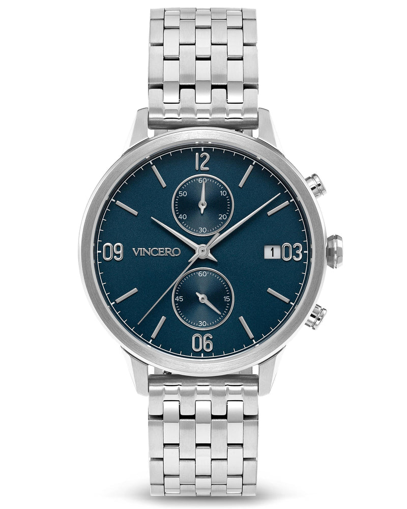 The Reign Silver 316L Stainless Steel Strap Blue Watch Face Silver Case Clasp Silver Accents