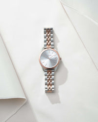 The Vienna Silver 316L Stainless Steel Strap White Watch Face Silver Case Clasp Rose Gold Accents