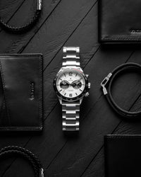 Apex Silver 316L Stainless Steel Mesh Strap White Watch Face Silver and Black Case Clasp Black Accents