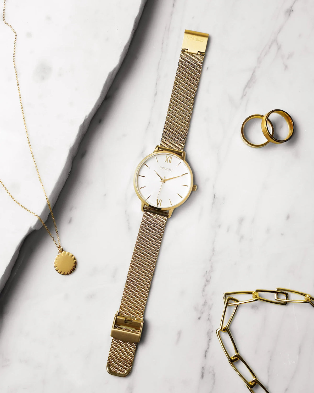 Eros Gold 316L Stainless Steel Mesh Strap Satin Watch Face Gold Case Clasp Gold Accents