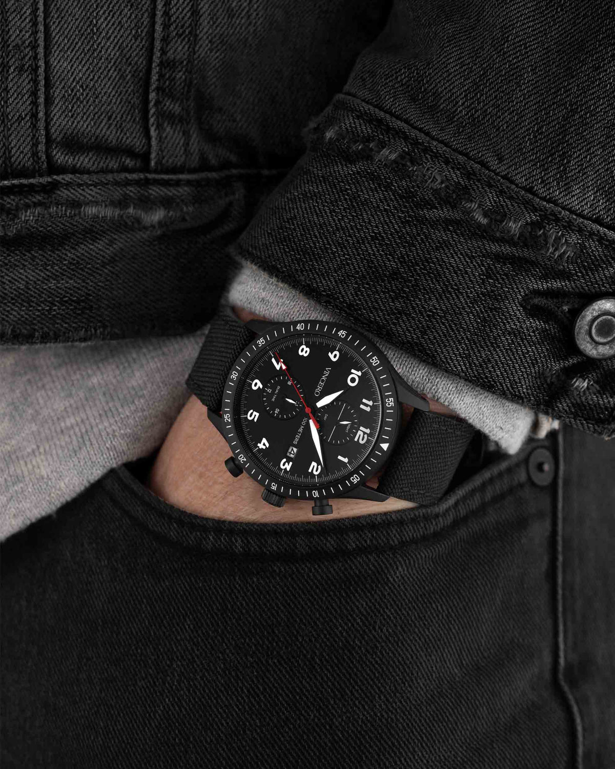 Altitude Black Cordura Nylon Strap Black Watch Face Black Case Clasp White and Red Accents