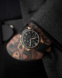Apex Black Italian Leather Strap Black Watch Face Black Case Clasp Rose Gold Accents