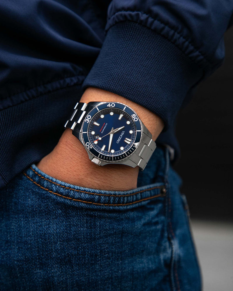 Argo Automatic 41mm Silver 316L Stainless Steel Strap Blue Watch Face Silver Case Clasp Silver Accents