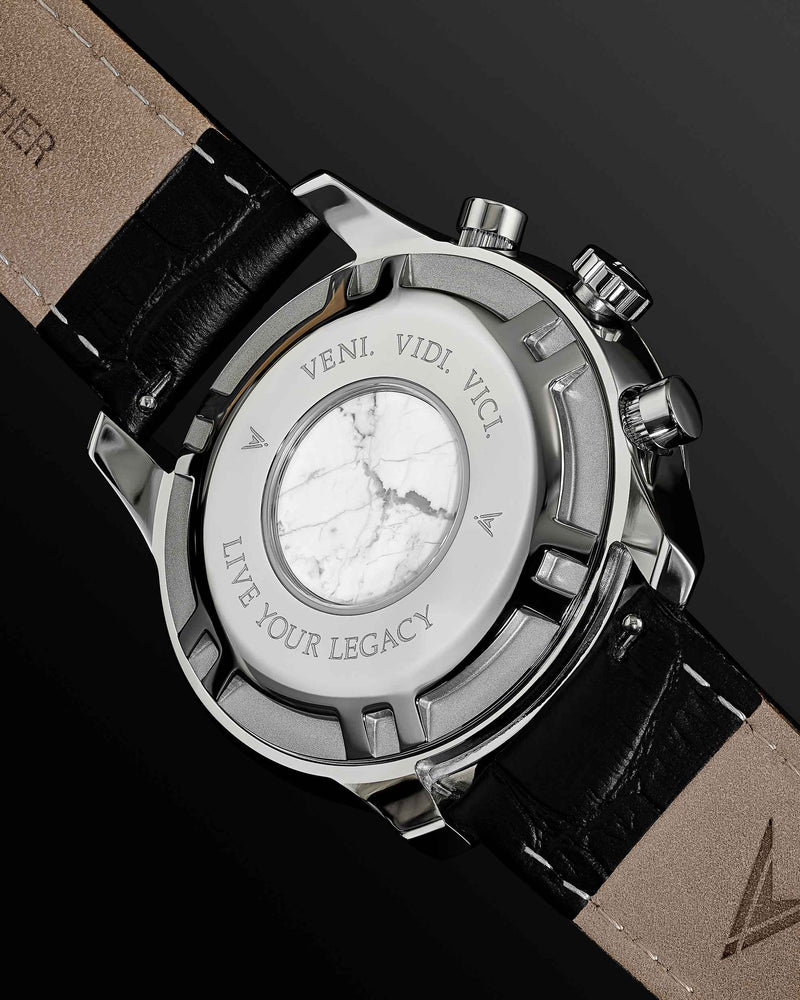 Bellwether Italian Marble and 316L Stainless Steel Caseback with Veni Vidi Vici Live Your Legacy Engraving
