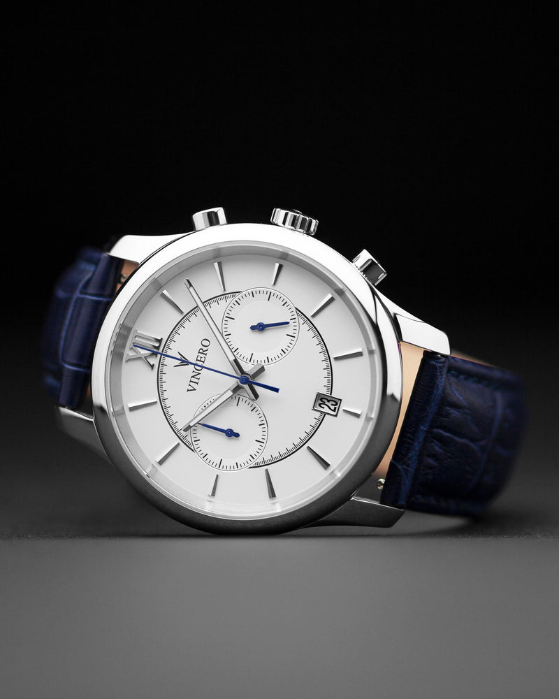 Bellwether Blue Croc Italian Leather Strap White Watch Face Silver Case Clasp Blue Accents