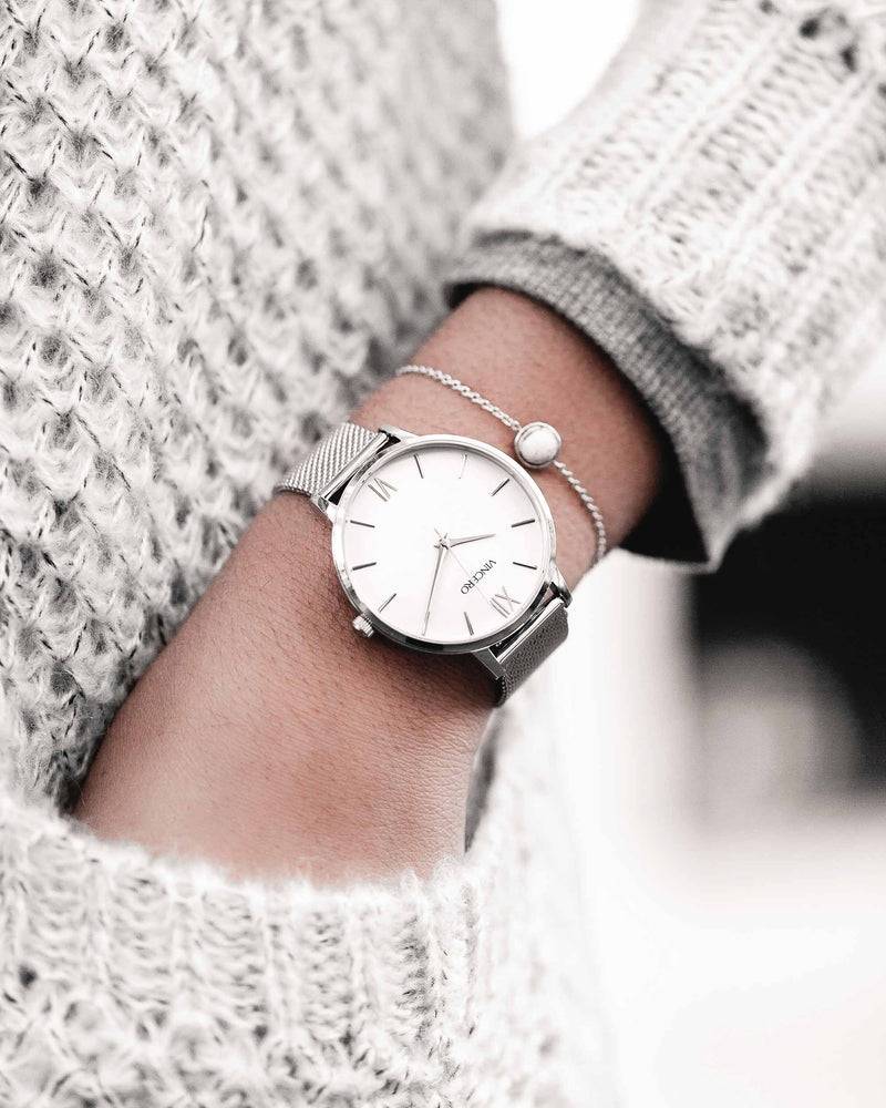 Women's Luxury Silver Bracelet with Lobster Claw Clasp and White Carrara Marble Accents