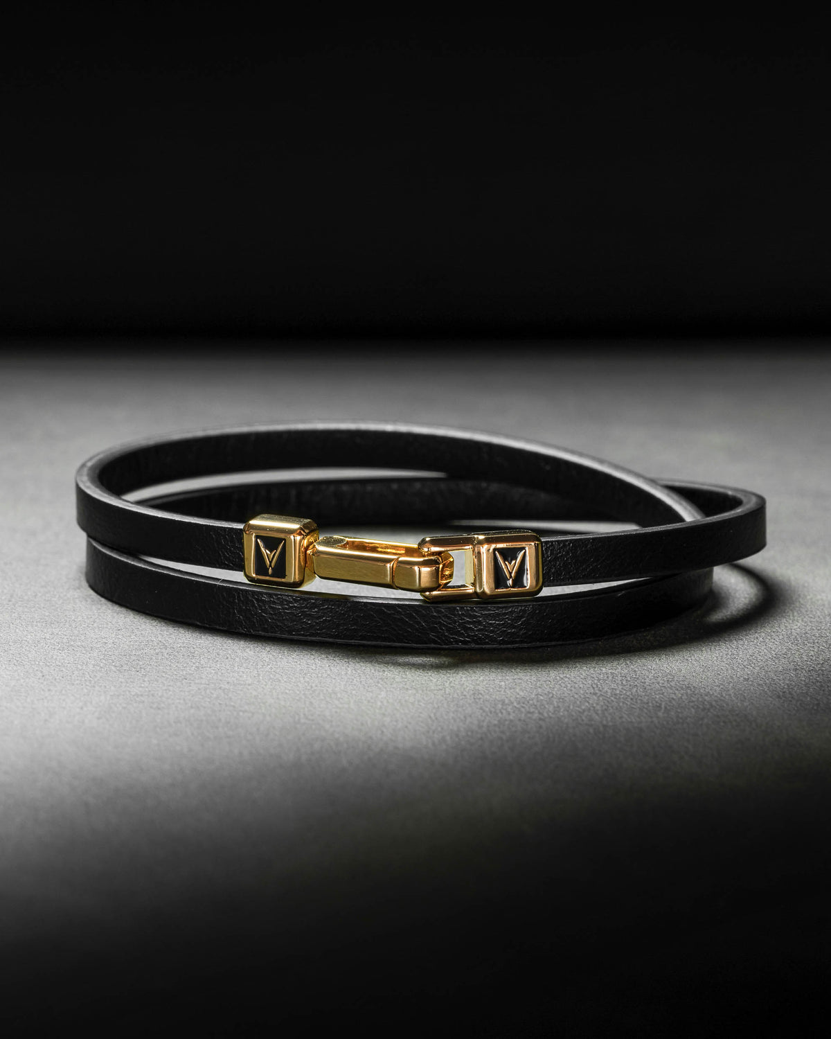 Men's Luxury Black Italian Leather Double Bracelet Strap with a Gold Magnetic Closure