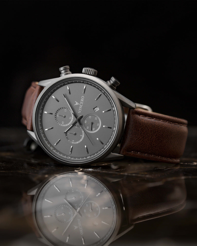 Chrono S Walnut Italian Leather Strap Gunmetal Watch Face Gunmetal Case Clasp Silver Accents