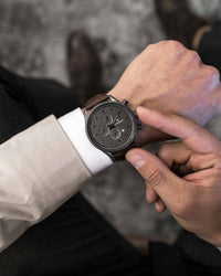 Chrono S Walnut Italian Leather Strap Gunmetal Watch Face Gunmetal Case Clasp Silver Accents