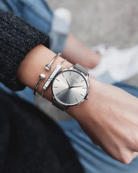 Women's Luxury Silver Cuff Bracelet with Flexible Open Cuff and White Carrara Marble Accents