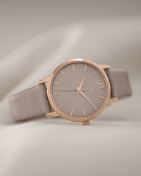The Eros 33mm Taupe Italian Leather Strap Taupe Watch Face Gold Case Clasp Rose Gold Accents