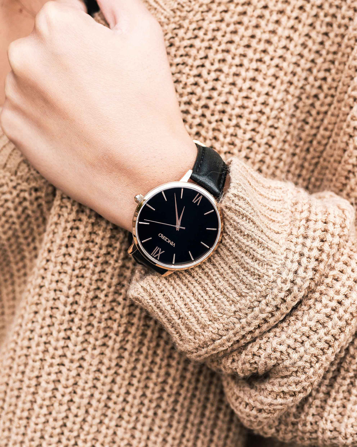 Women's Luxury Black Italian Leather Watch Band Strap Rose Gold Clasp