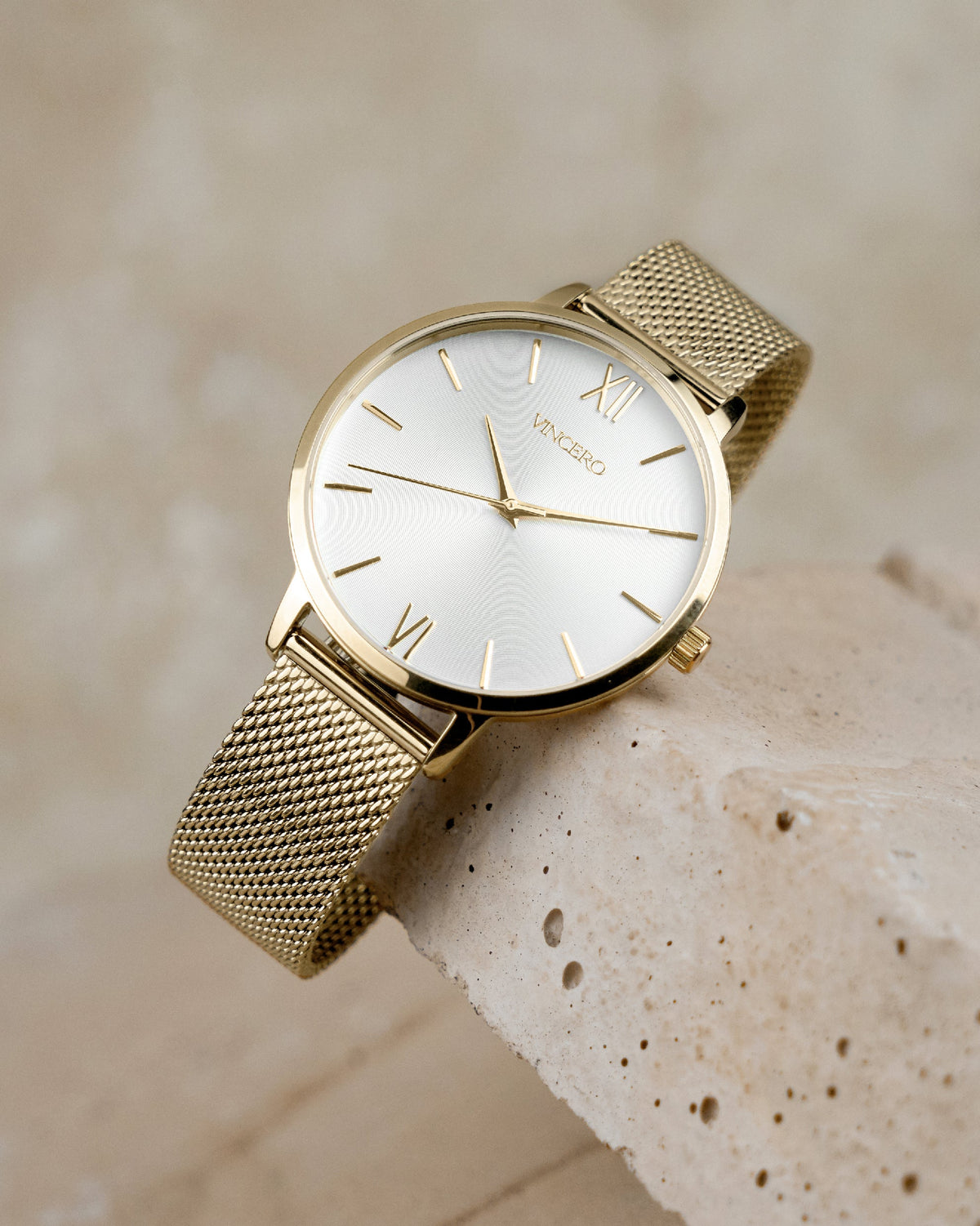 Eros Gold 316L Stainless Steel Mesh Strap Satin Watch Face Gold Case Clasp Gold Accents