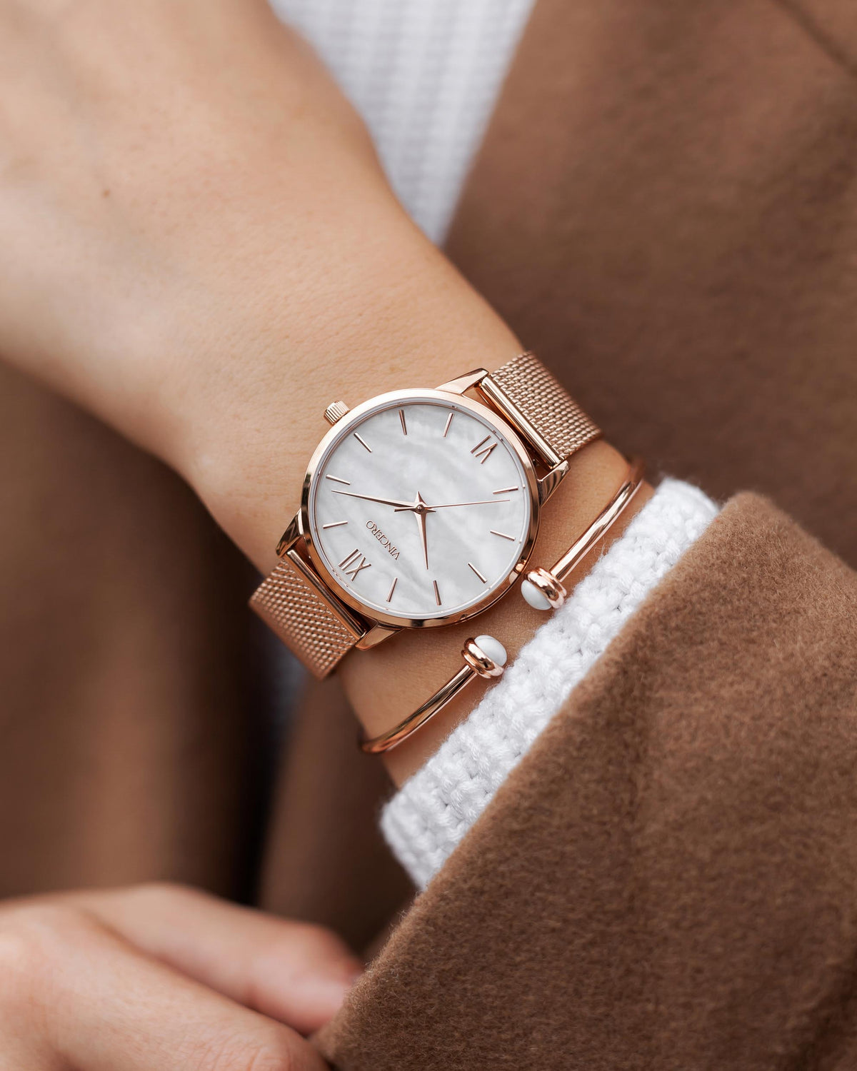 Eros 20mm Rose Gold 316L Stainless Steel Mesh Strap White Pearl Watch Face Rose Gold Case Clasp Rose Gold Accents