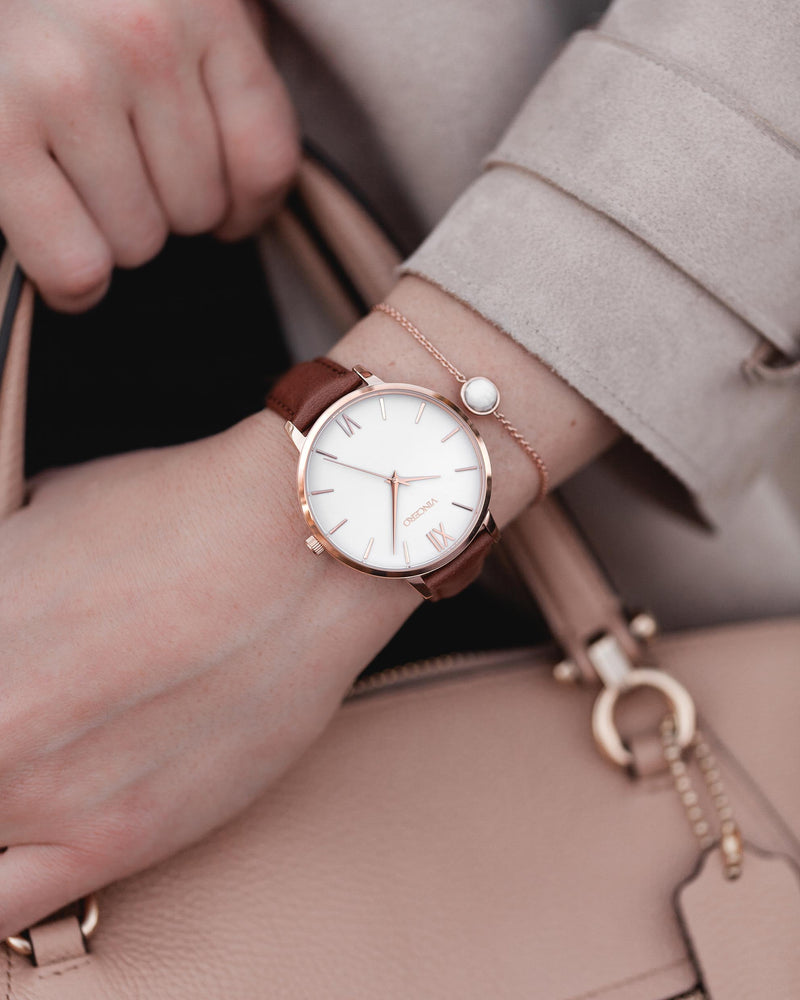 Women's Luxury Coffee Italian Leather Watch Band Strap Rose Gold Clasp