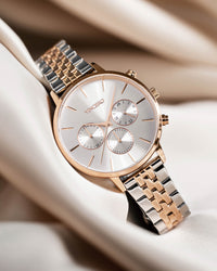 Kleio Rose Gold/Silver 316L Stainless Steel Strap Silver Watch Face Rose Gold Case Clasp Silver Accents