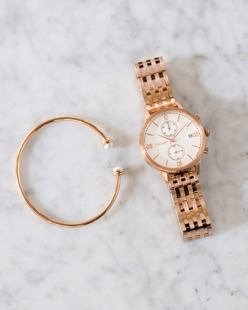 The Reign Rose Gold 316L Stainless Steel Strap White Watch Face Rose Gold Case Clasp Rose Gold Accents