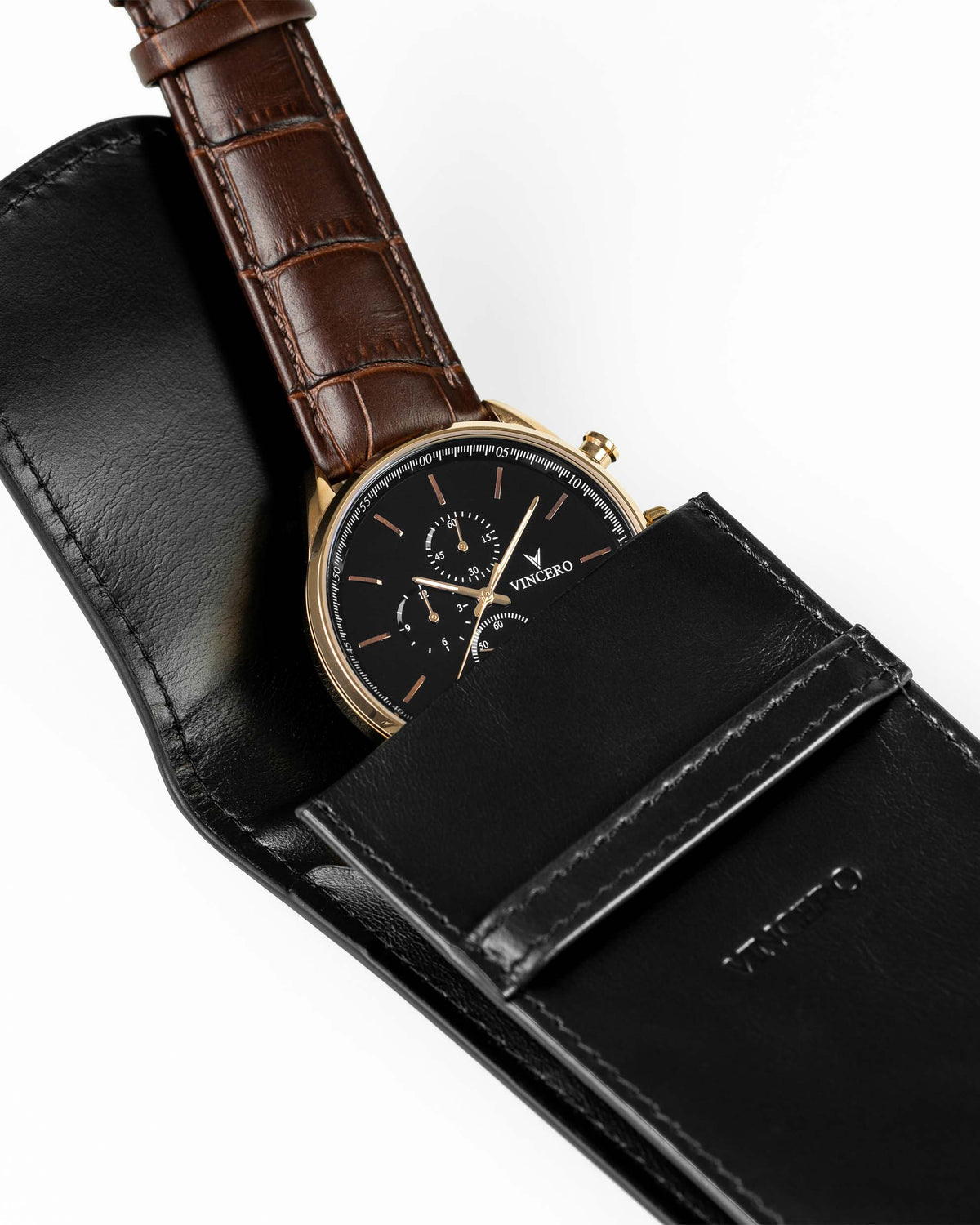 Vincero Mocha Top Grain Italian Leather Suede Interior Single Watch Travel Case